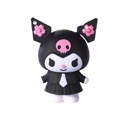 3d KUROMI Lighter by Sanrio on a gold key chain and is balck and pink.