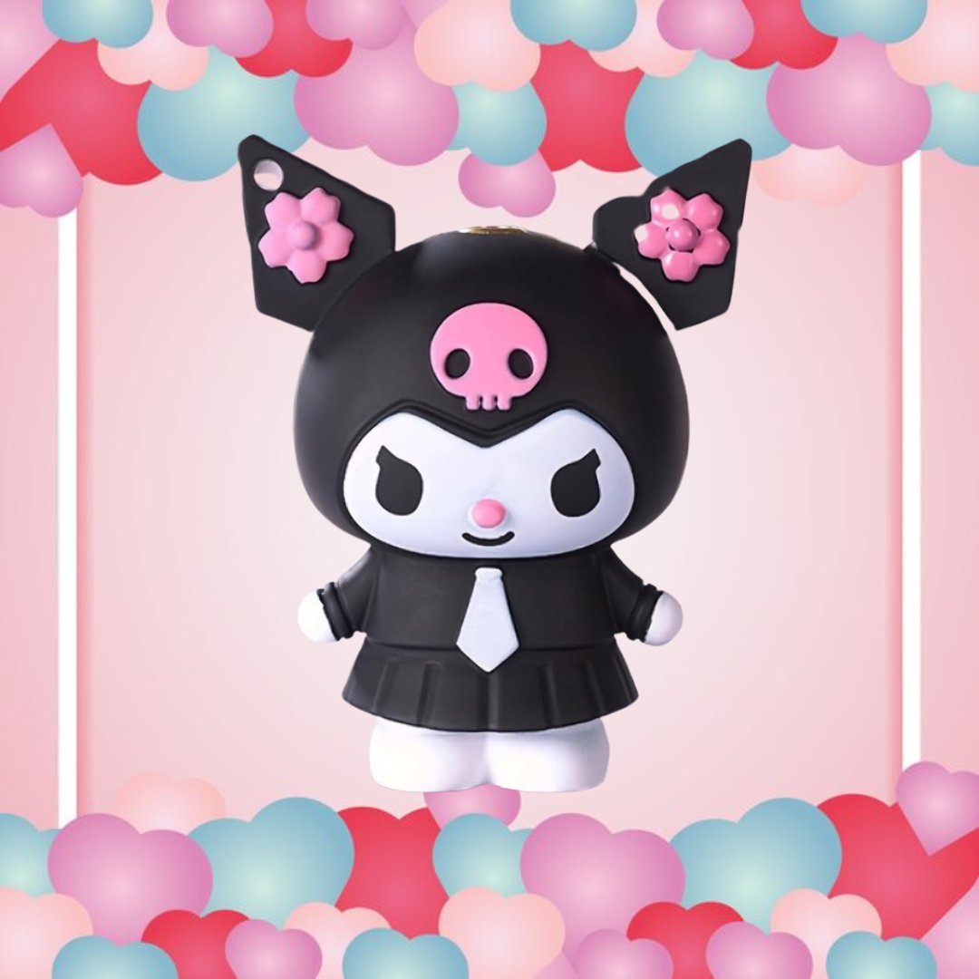 3d KUROMI Lighter by Sanrio on a gold key chain and is balck and pink.