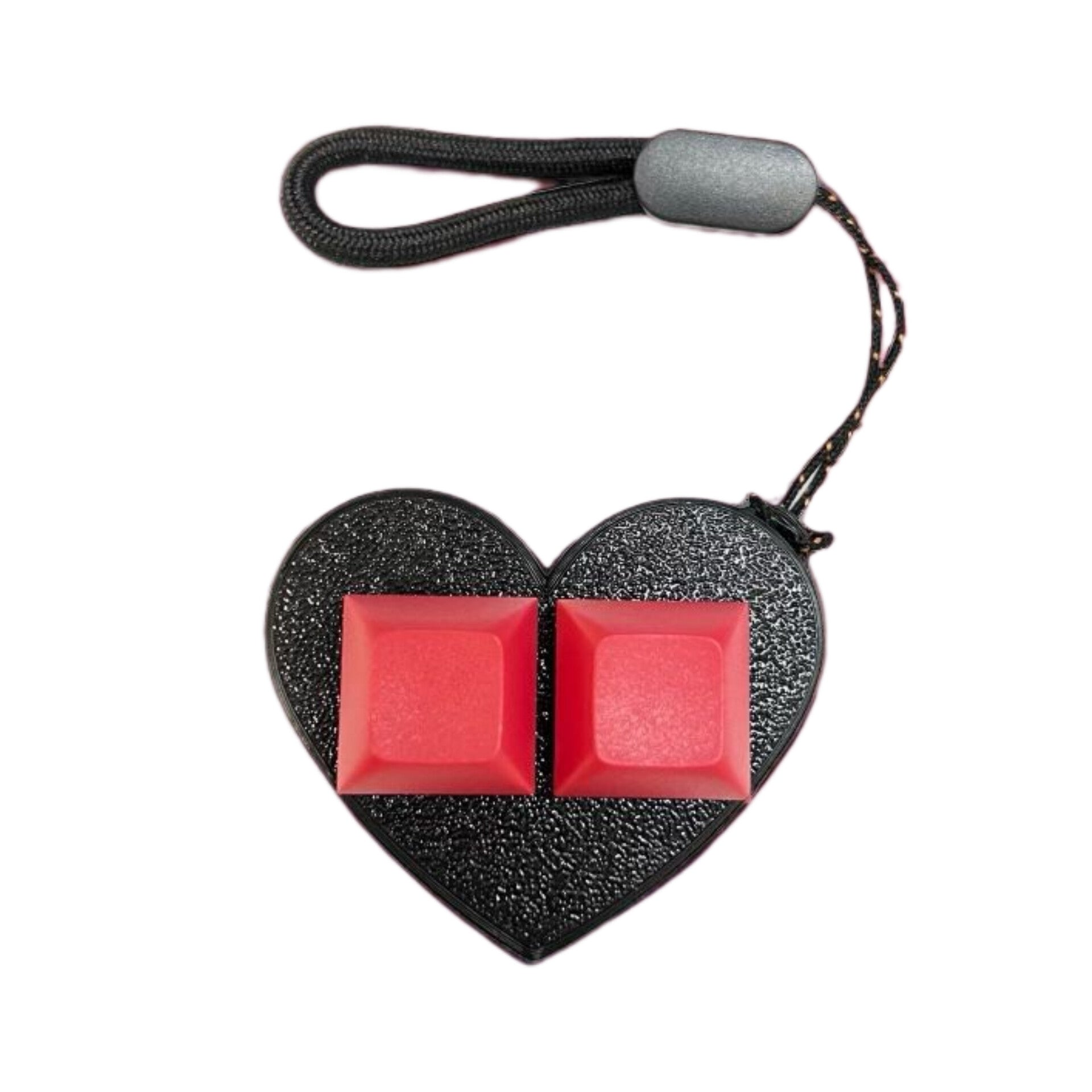 It's a 3D heart-shaped finger fidget. With keyboard keys to keep your fingers busy and it is on a keychain and it's black heart with red keys. .