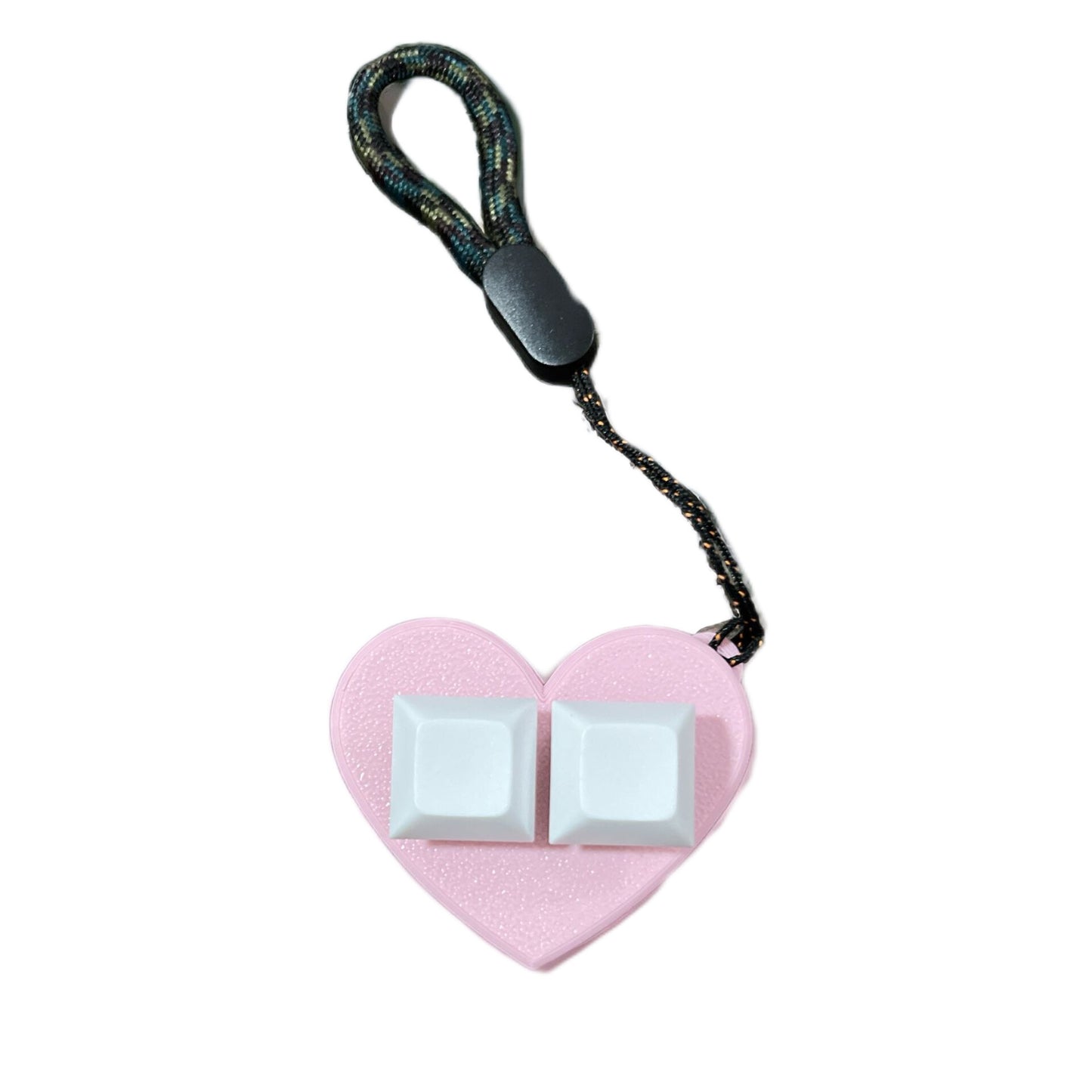 It's a 3D heart-shaped finger fidget. With keyboard keys to keep your fingers busy and it is on a keychain and it's pink with light blue keys.