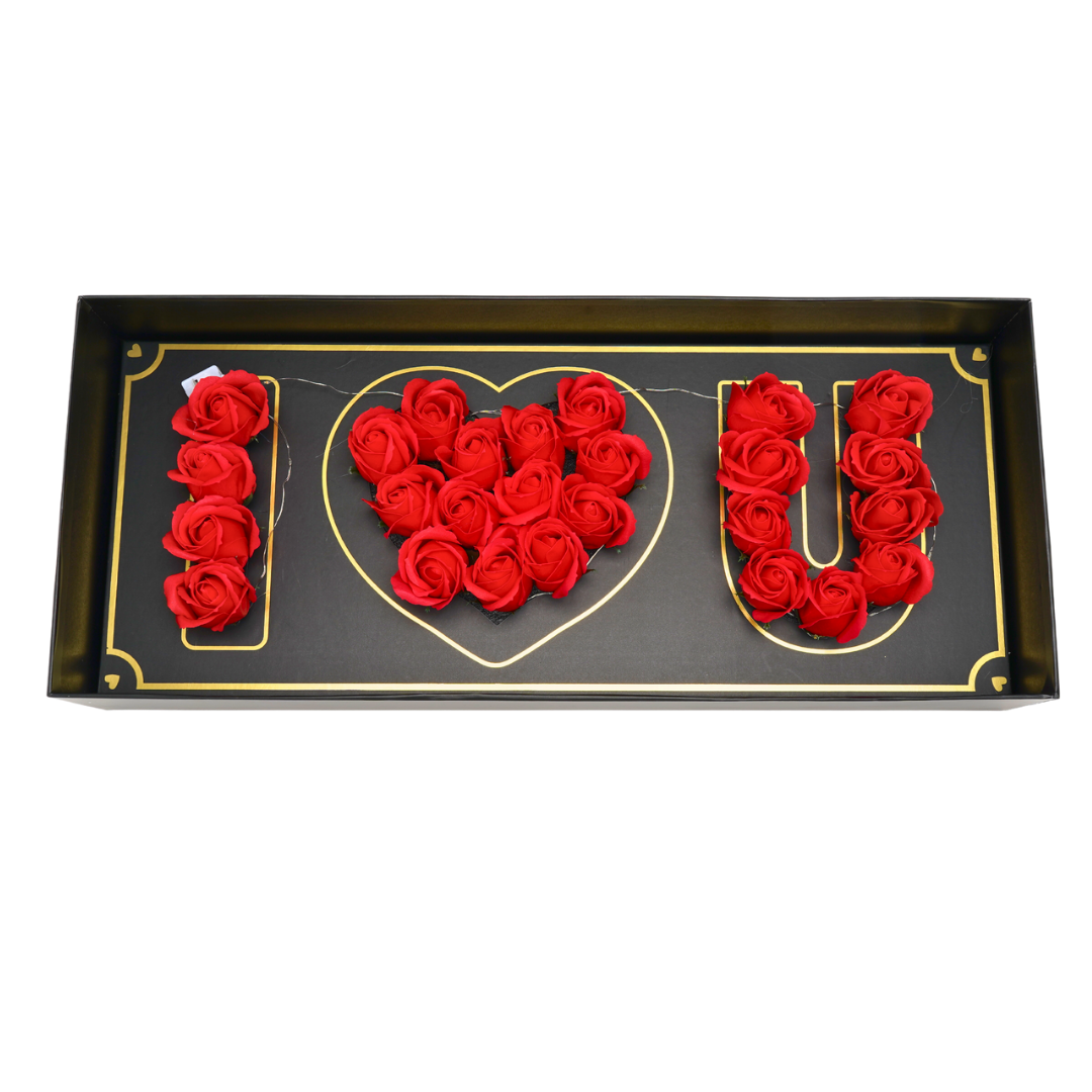 Black floral box with red Eternal flowers that say I love you and has strings of small LED lights.