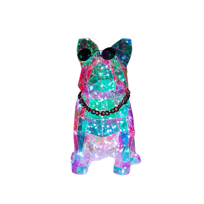 LED acrylic dog pug with gold chains and sunglasses. It reacts to music and is also a USB connected.